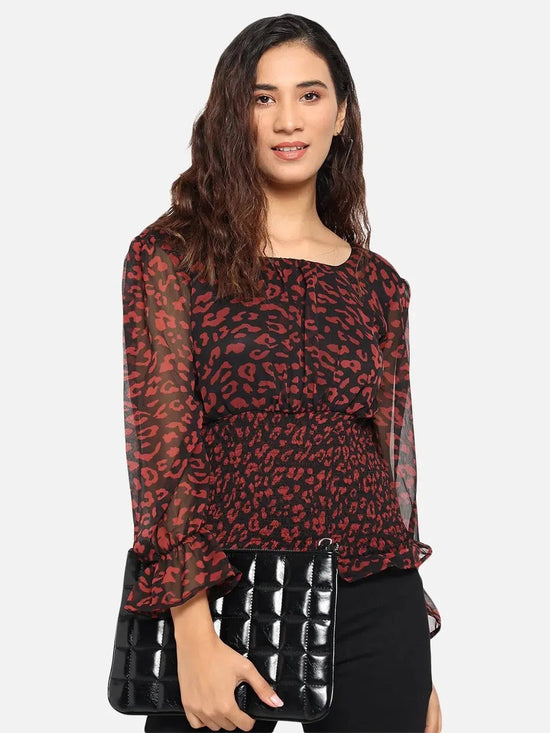 Black Animal Print Smocking Top