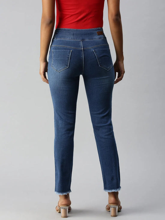 Women's Blue Solid Denim Straight Jeans-CR-7826-Blue