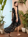 Women Black Floral High-Low Hem Midi Dress