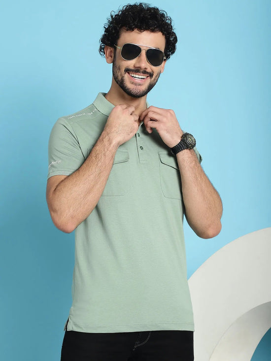 Venitian Men Double Mercerised 3 Pocket Cargo Green Polo Neck T-Shirt for Men