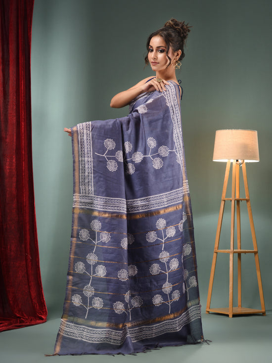 Grey Blended Silk Handwoven Saree With Flower Designs-MA50BSL34710012