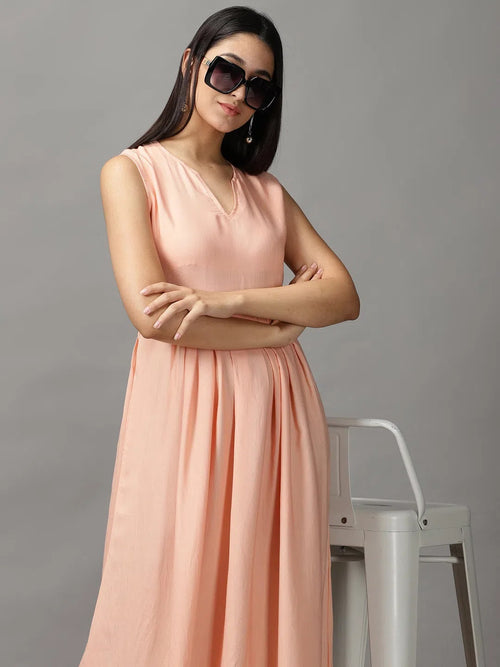 Women's Peach Solid Fit and Flare Dress-AE-15750-Peach