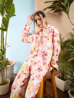 Women Pink Floral Oversize Shirt With Straight Pants