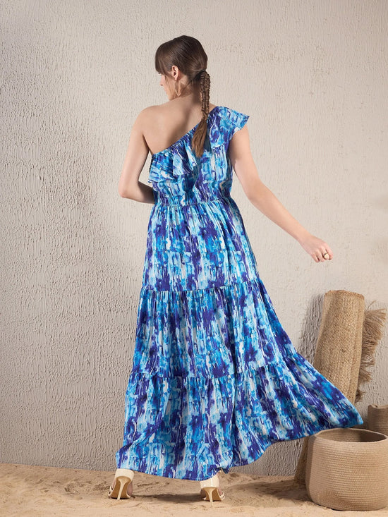 Women Blue Brushstroke Printed One Shoulder Maxi Dress