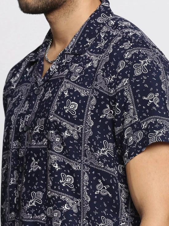 Men Navy Blue Cuban Collar Printed Over Sized Co-ords Set-ABOMASUM-1839-Navyblue