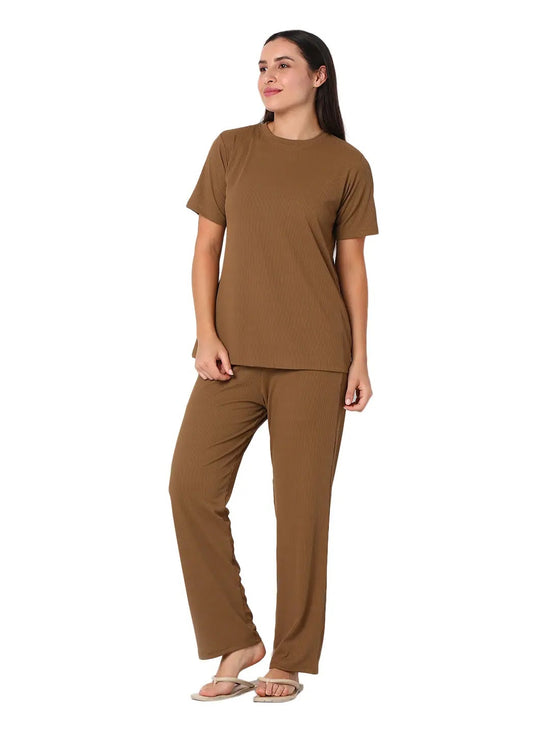 Smarty Pants Women's Cotton Rib Brown Color Round Neck Night Suit