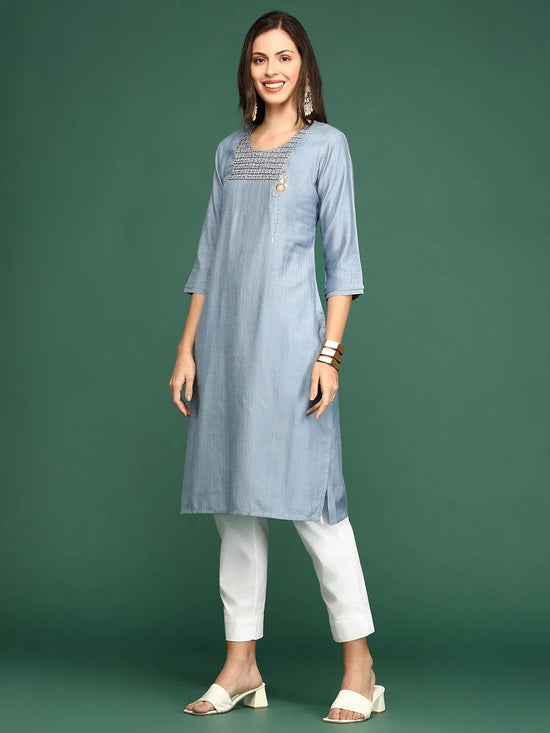 Women's Blue Solid Straight Kurta-DF-1211-Steel