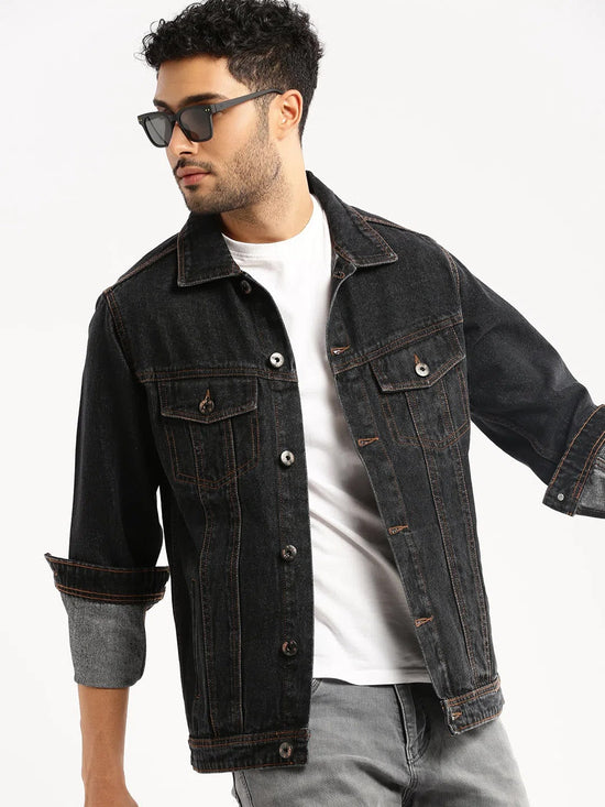 Men Charcoal Spread Collar Solid Denim Jacket-IB-DJ-03-2-Charcoal