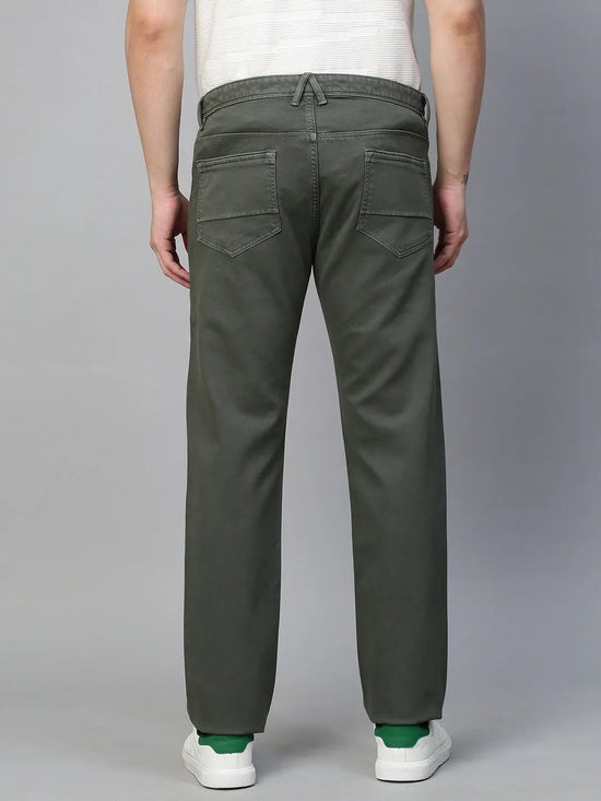 Genips Men's Olive Green Cotton Stretch Rico Slim Fit Solid Casual Chinos