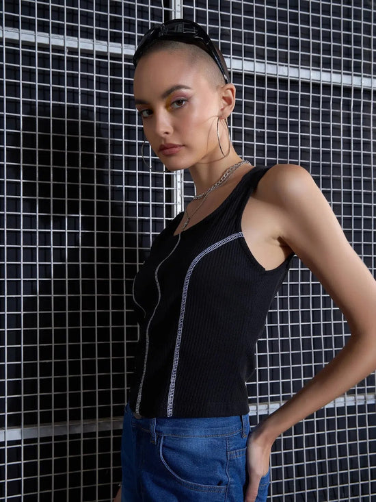 Women Black Rib Contrast Stitch Crop Top