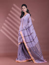 Grey Pure Cotton Zari Stripe Soft Saree With Zari Border-MA59CT06520063