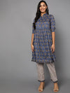 Ahika Women Blue Cotton Printed A-Line Kurta Pant Set