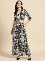 Overlap tie up crop top with flare pants in Black and Cream Ikkat Print