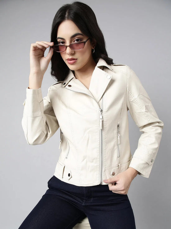 Women Solid Cream Biker Jacket-8909-Cream