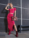 Women Magenta Rib Round Neck Top With Skirt