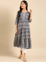 Women's Grey Printed Anarkali Kurta-DF-1364-Greynavyblue