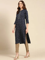 Women's Navy Blue Printed Straight Kurta-HO-1931-Navyblue