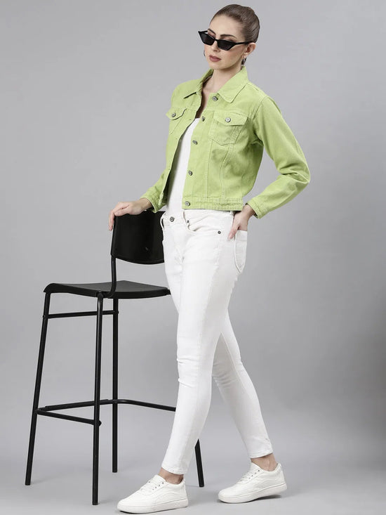 Women Lime Green Solid Denim Jacket-GZ-5598-Limegreen