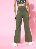 Olive Wide Leg Mid Rise Knee-Slit Jeans