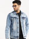 Men Blue Spread Collar Solid Denim Jacket-IB-DJ-07-4-Blue