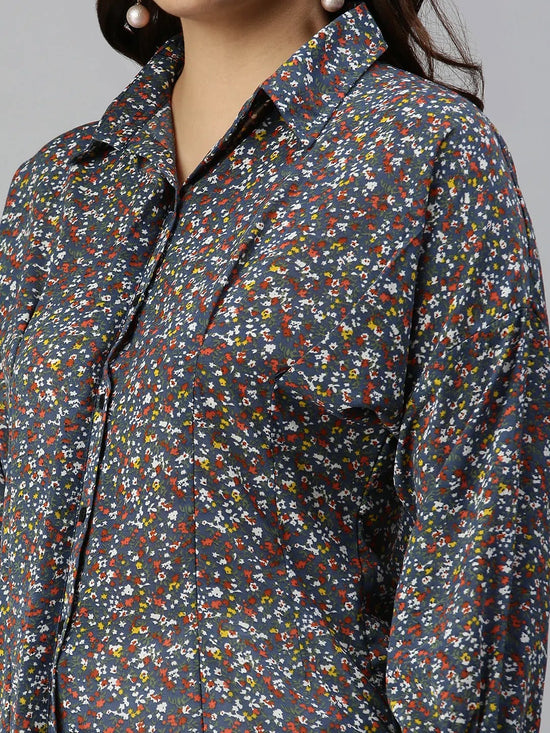 Women's Blue Printed Shirt-AE-10198-Blue