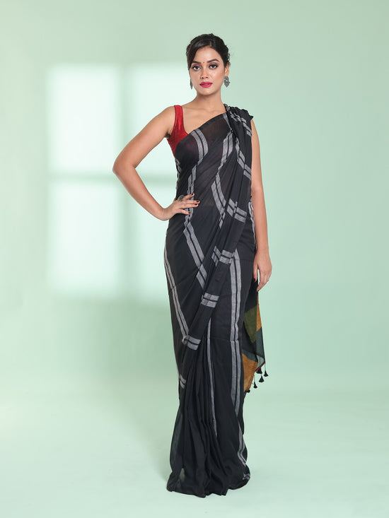 Black Cotton Saree With Stripes Design-MA59CT06530004