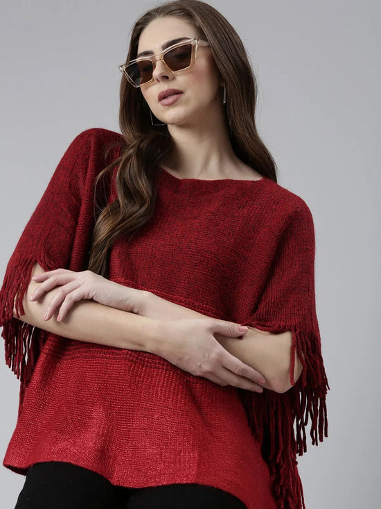 Women Red Self Design Poncho-CHN-99961-Red