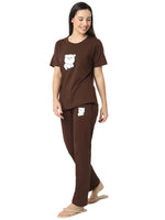 Smarty Pants Women's Cotton Lycra Brown Color Teddy Print Night Suit