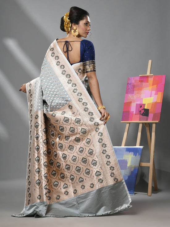 Grey Katan Silk Banarasi Saree With Ethnic Motifs And Zari Woven Designs-MA52KA441380084