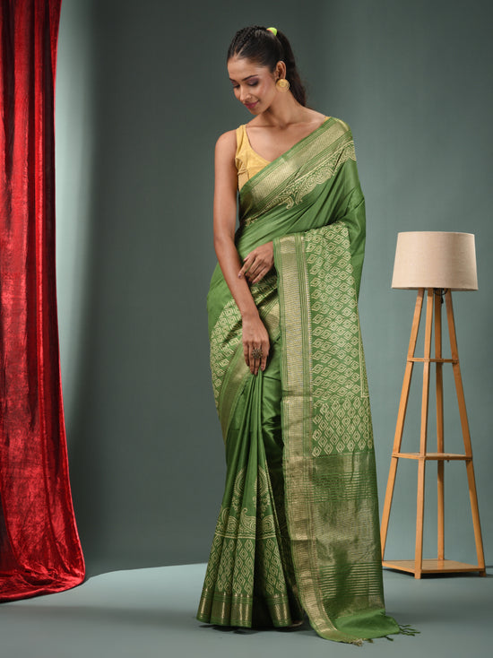 Green Blended Silk Handwoven Saree With Zari Border-MA50BSL34830111