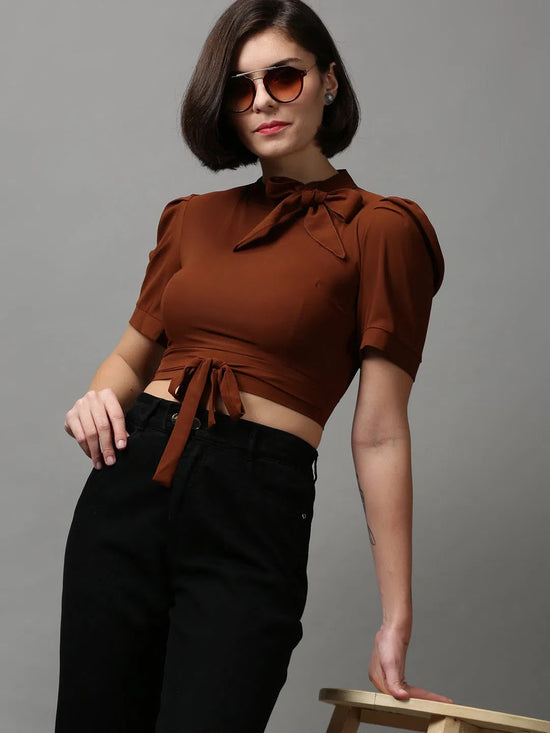 Women's Brown Solid Top-AE-10352-Brown