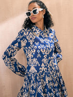 Women Blue Ikat Print Front Button Shirt Tiered Dress