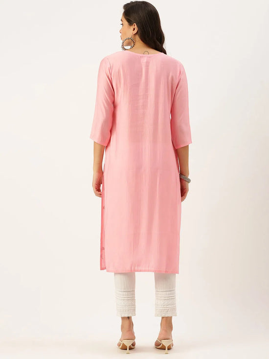 Women's Pink Embroidered Straight Kurtas-SB-48882-Pink