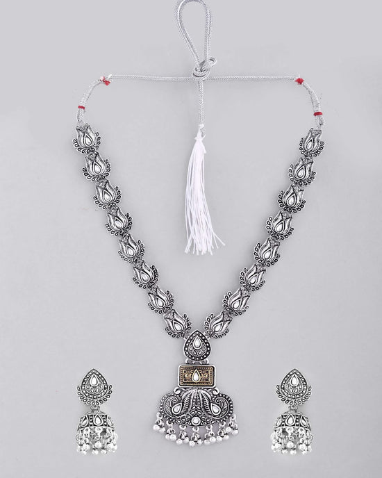 Dual Toned Oxidized Necklace With Earrings Set-VOJ440