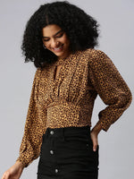 Women's Long Brown Animal Top-AE-10283-Brownblack