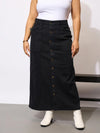 Women Black Denim Acid Wash Front Button Skirt