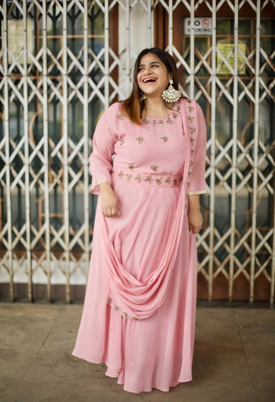 Plus Size Baby Pink Embellished Drape Saree With Belt