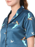 Smarty Pants Women's Silk Satin Teal Blue Jasmine Print Night Suit