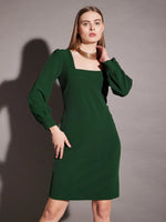 Short Bodycon Dress with balloon sleeve in Green Color