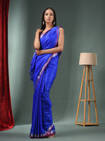 Blue Blended Silk Handwoven Saree With Temple Zari Border-MA50BSL01660145