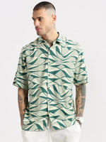 Men Spread Collar Abstract Green Casual Shirt-POLFAH-2104-Green