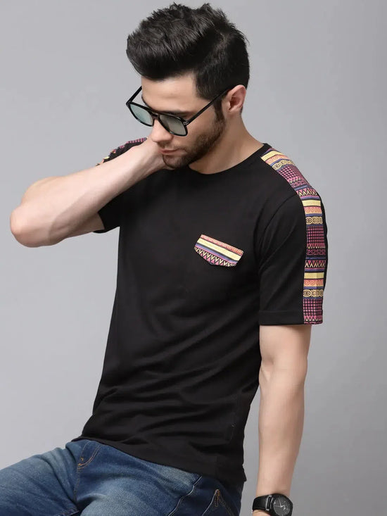 Rigo Black With Printed Contrast Detailing On Sleeve Round Neck Cotton Half Sleeve T-Shirt