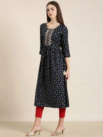 Women Navy Blue Floral A-Line Kurta-AT-A899-NC-Navyblue