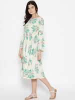 Foral Print Midi Dress with bell sleeve in Off White