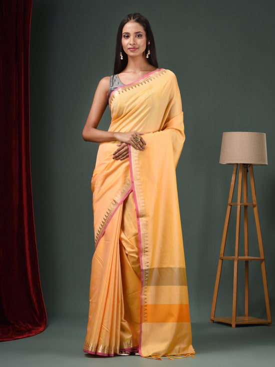 Yellow Blended Silk Handwoven Saree With Temple Zari Border-MA50BSL01660147