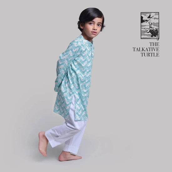 Collar Full Sleeved Cotton Kurta & Pajama Set For Boys with The Talkative Turtle Print