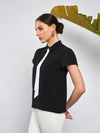 Women Black Neck Tie Detail Top