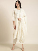 Women Straight Cream Solid Kurta and Trousers Set Comes With Dupatta-UB-2637-Cream