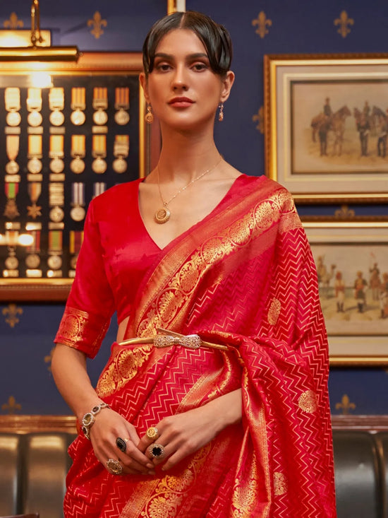 Saree Mall Women's  Blend Red Woven Design Designer Saree With Blouse Piece-KAZEL231006