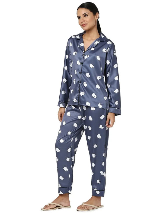 Smarty Pants Women's Silk Satin Dark Blue Color Ghost Print Full Sleeves Night Suit